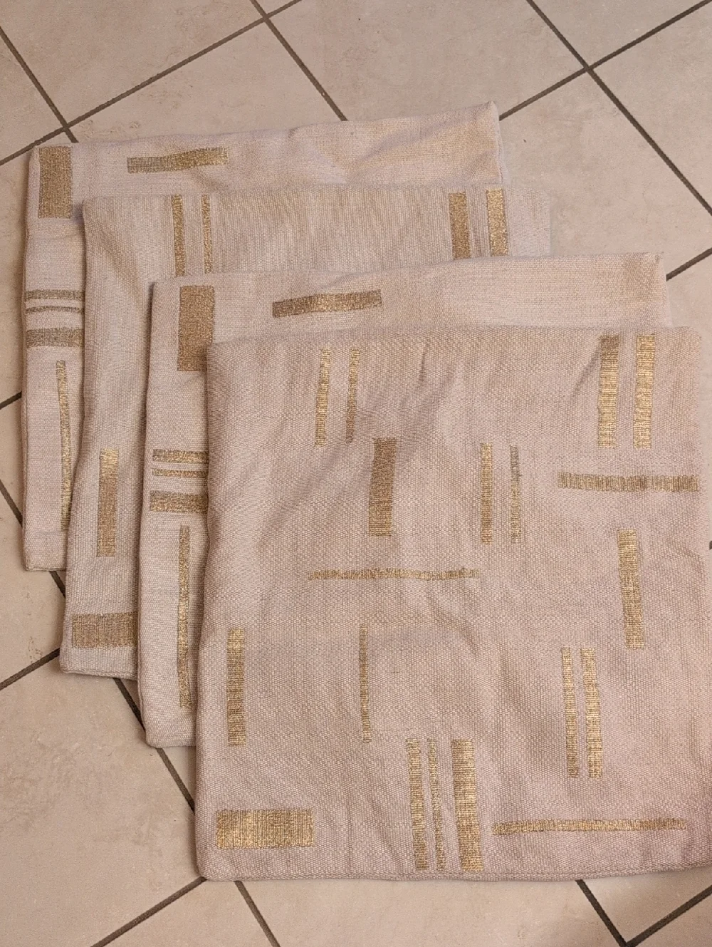 Lot Of 4 West Elm Embroidered Metallic Pillow Cover Belgian Flax Jute Linen Gold